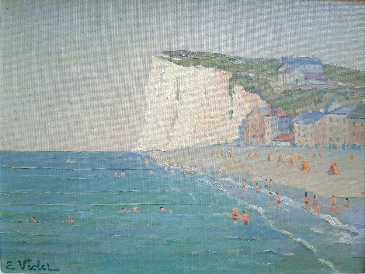 Ernest VIOLET (1883-1977) La plage de Mers-les-Bains huile sur panneau marine-photo-2
