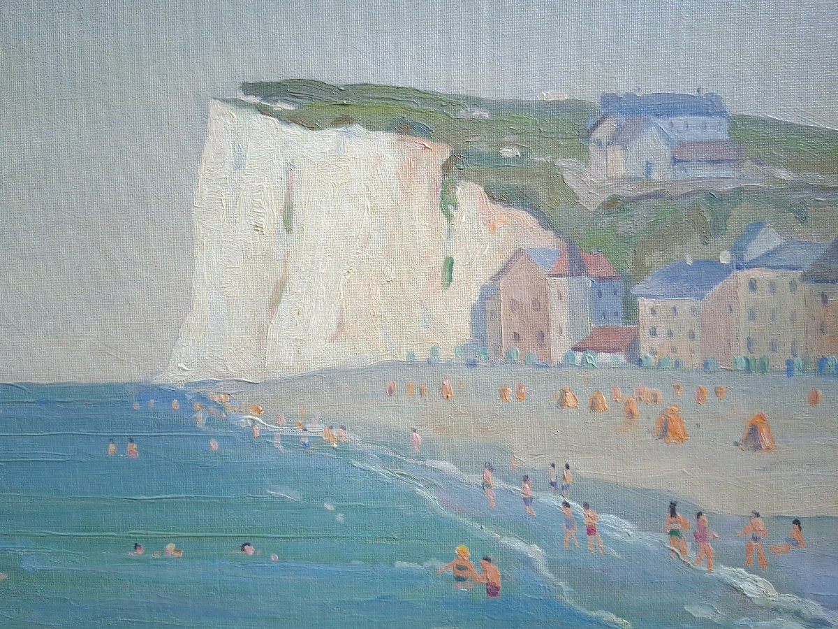 Ernest VIOLET (1883-1977) La plage de Mers-les-Bains huile sur panneau marine-photo-3