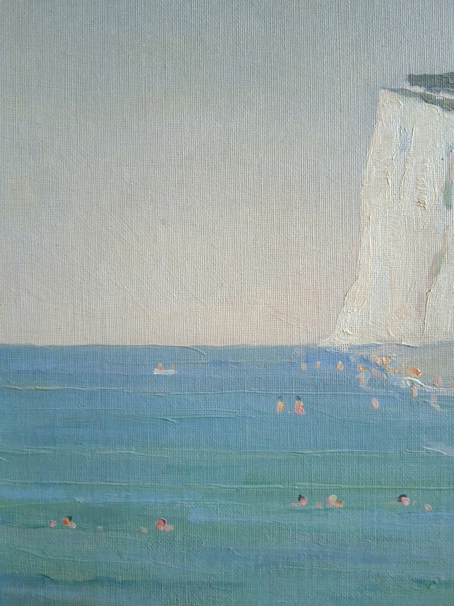 Ernest VIOLET (1883-1977) La plage de Mers-les-Bains huile sur panneau marine-photo-4
