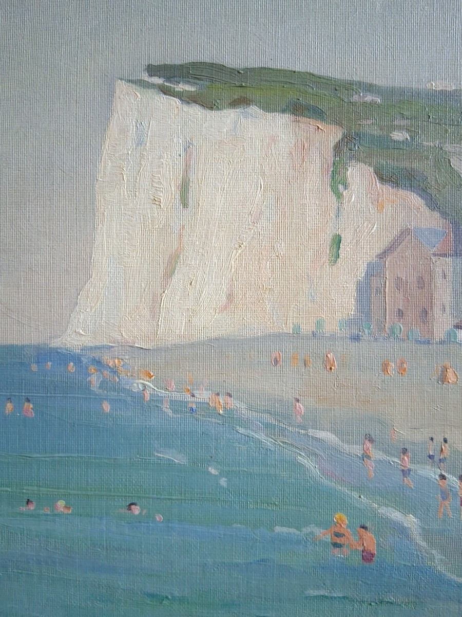 Ernest VIOLET (1883-1977) La plage de Mers-les-Bains huile sur panneau marine-photo-1