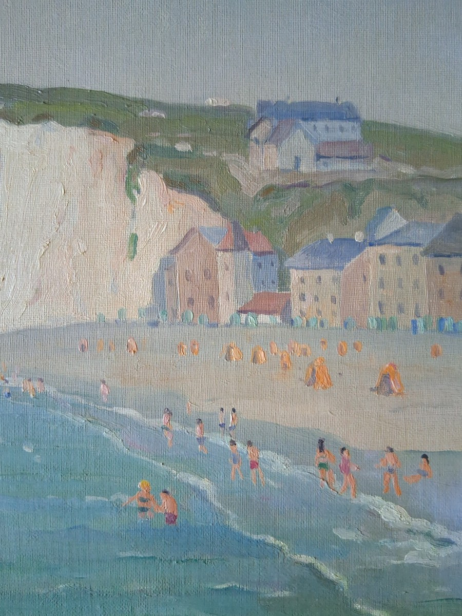Ernest VIOLET (1883-1977) La plage de Mers-les-Bains huile sur panneau marine-photo-2
