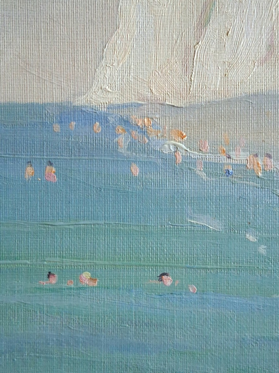 Ernest VIOLET (1883-1977) La plage de Mers-les-Bains huile sur panneau marine-photo-4