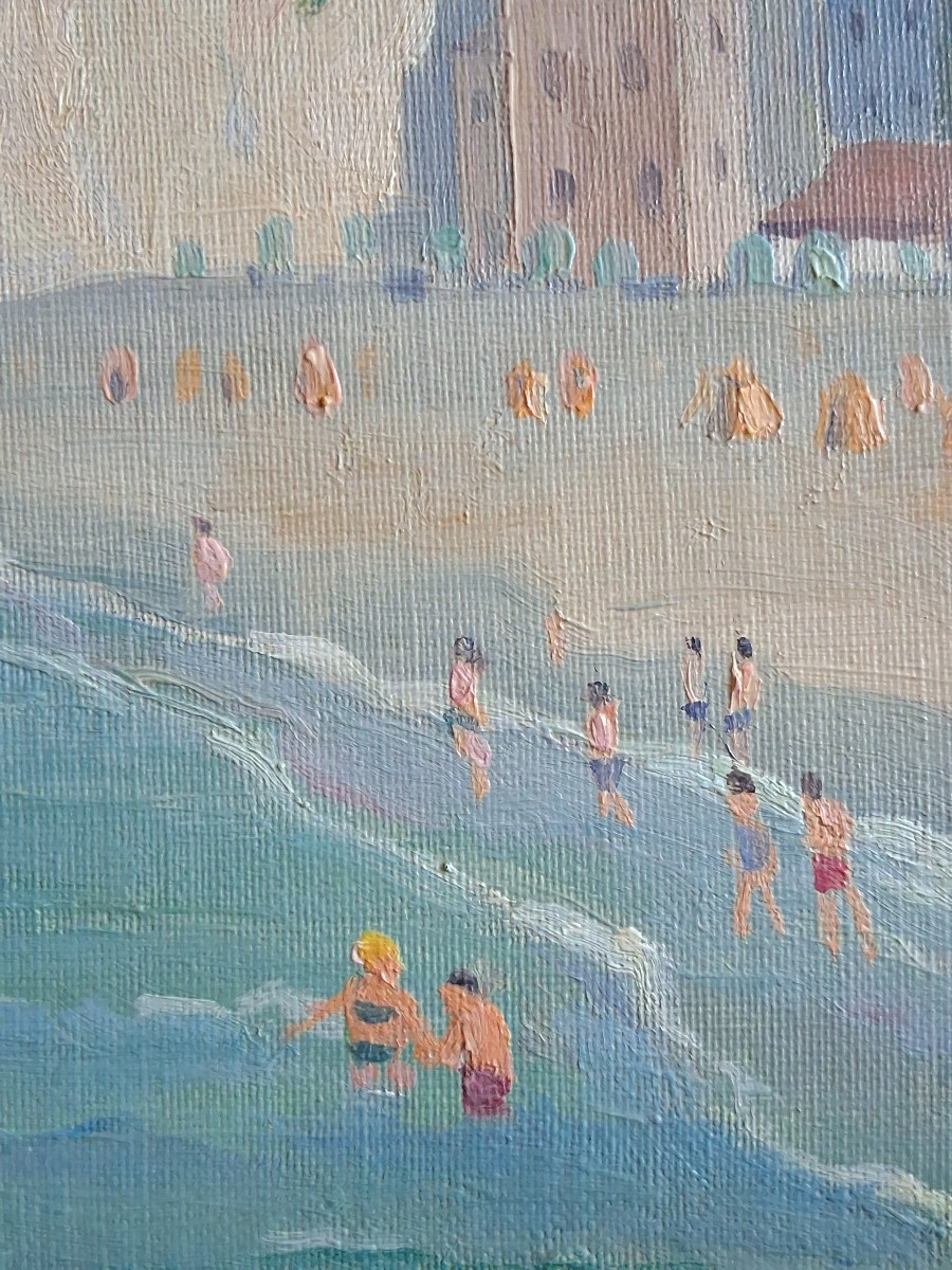 Ernest VIOLET (1883-1977) La plage de Mers-les-Bains huile sur panneau marine-photo-5