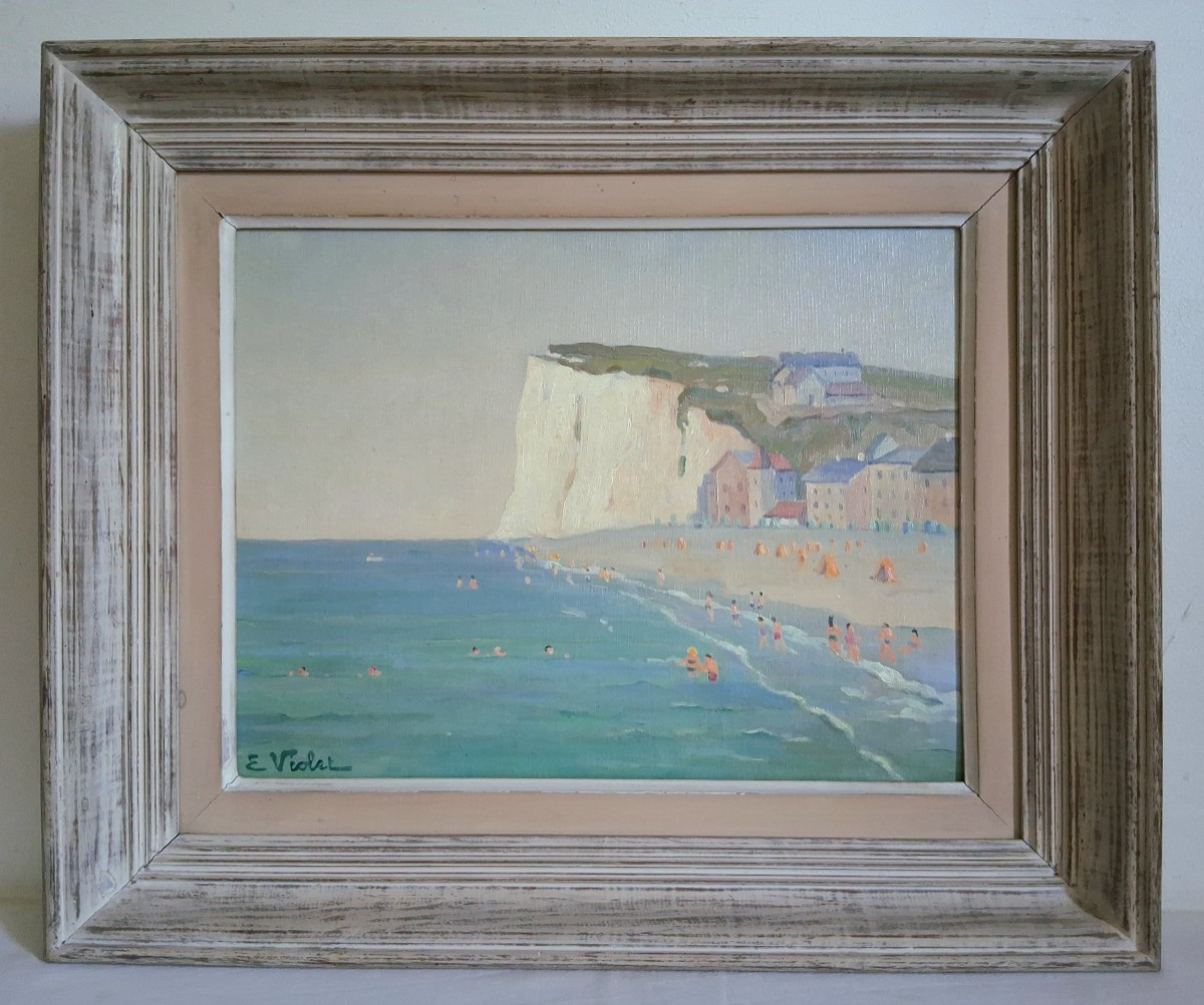 Ernest VIOLET (1883-1977) La plage de Mers-les-Bains huile sur panneau marine