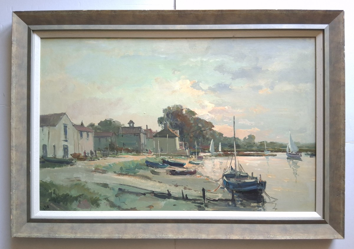 Jack Cox (1914-2007) Oil On Panel Seascape Harbor Norfolk England-photo-2