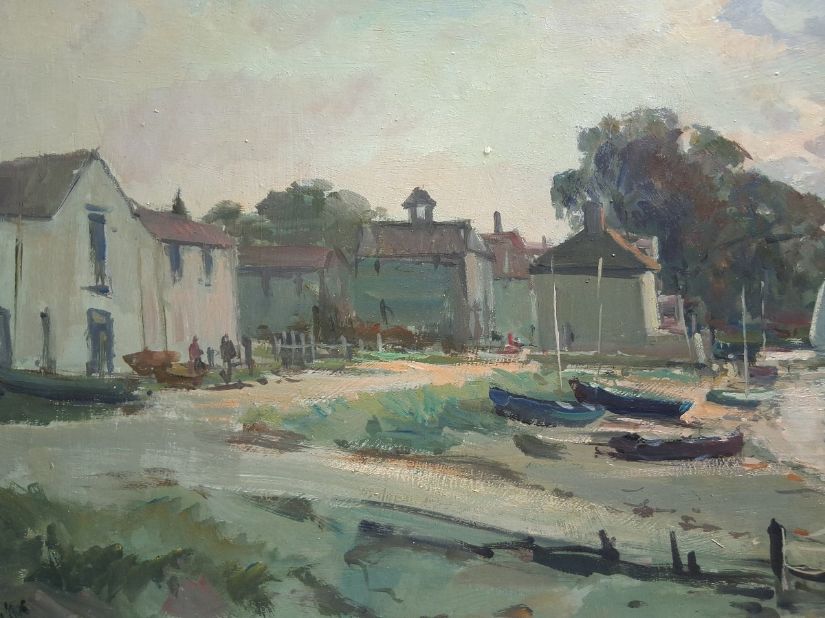 Jack Cox (1914-2007) Oil On Panel Seascape Harbor Norfolk England-photo-3