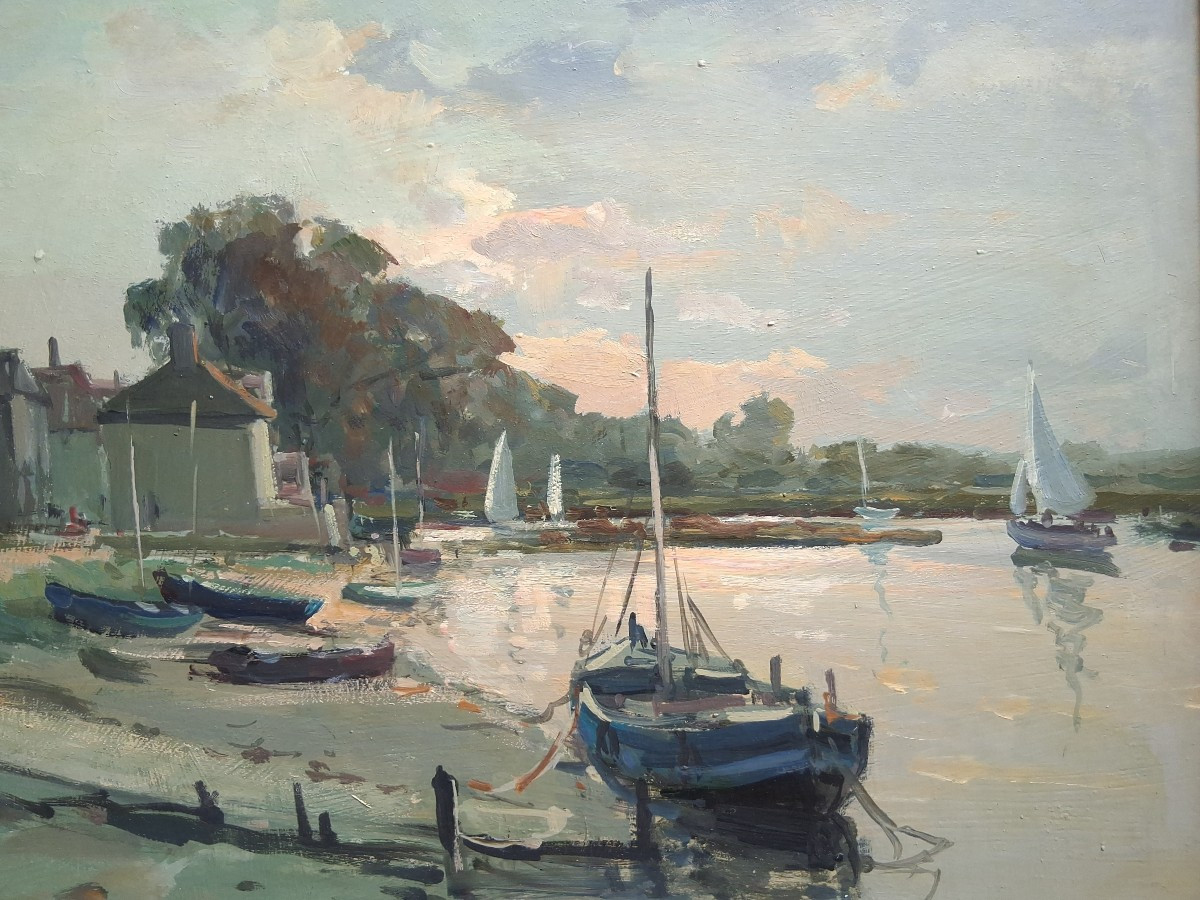 Jack Cox (1914-2007) Oil On Panel Seascape Harbor Norfolk England-photo-4