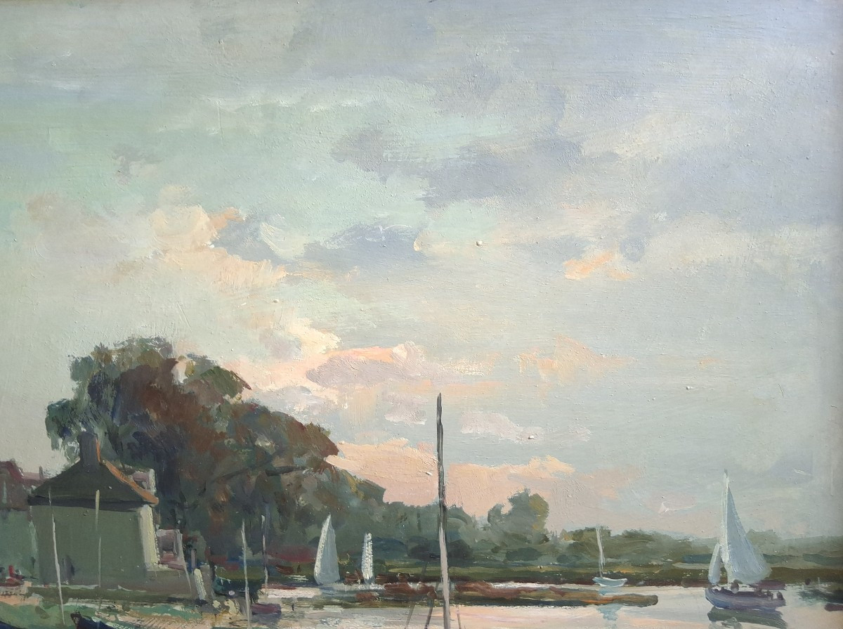 Jack Cox (1914-2007) Oil On Panel Seascape Harbor Norfolk England-photo-2