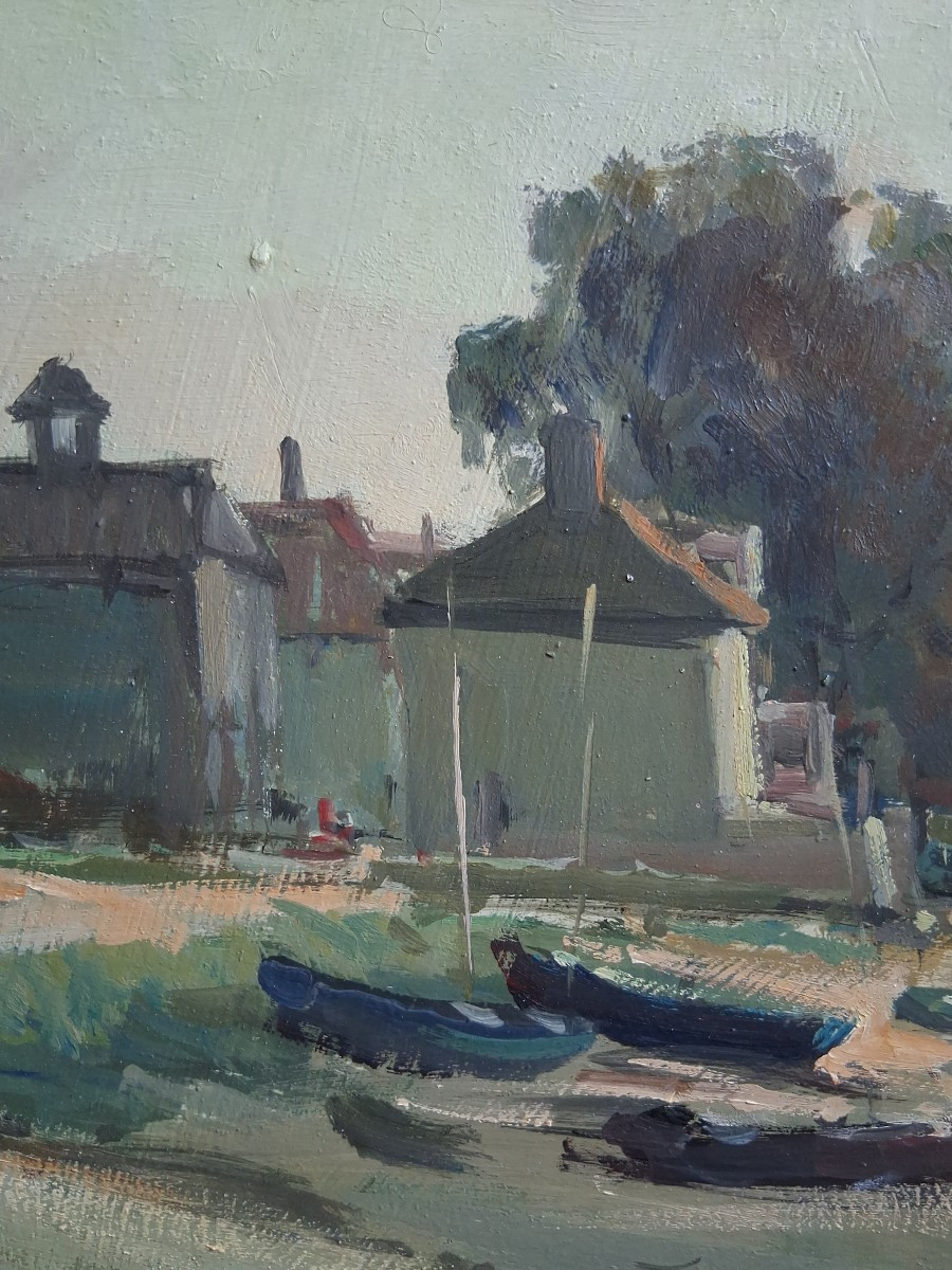 Jack Cox (1914-2007) Oil On Panel Seascape Harbor Norfolk England-photo-5