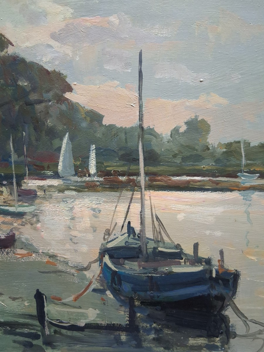 Jack Cox (1914-2007) Oil On Panel Seascape Harbor Norfolk England-photo-6