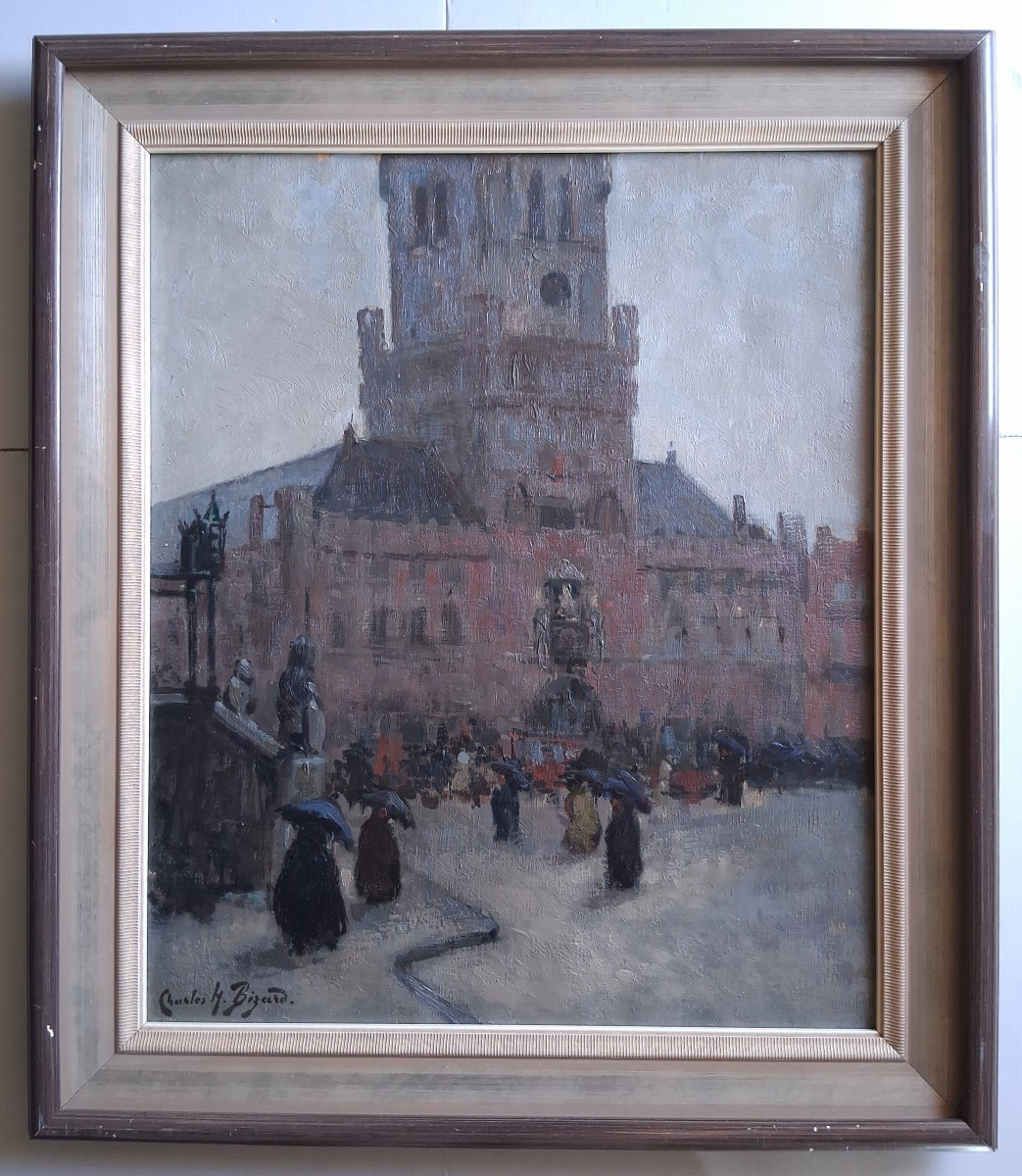 Charles-henry Bizard (1887-1954) The Belfry Of Bruges Belgium - Oil On Canvas-photo-2
