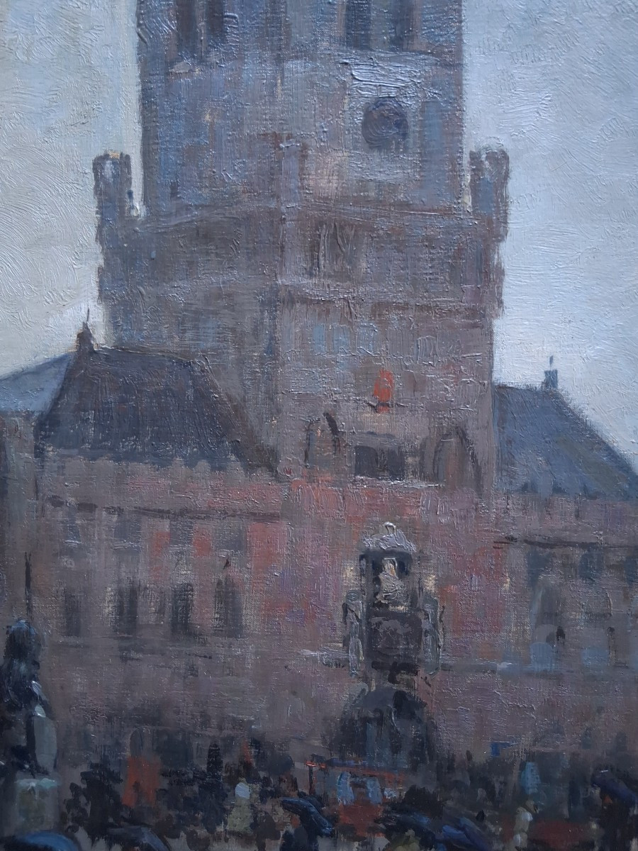 Charles-henry Bizard (1887-1954) The Belfry Of Bruges Belgium - Oil On Canvas-photo-4