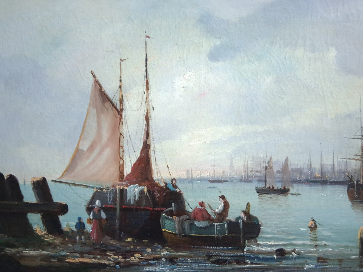 Huile sur toile marine retour de pêche port VAN HOLLEIN 19ème-photo-3