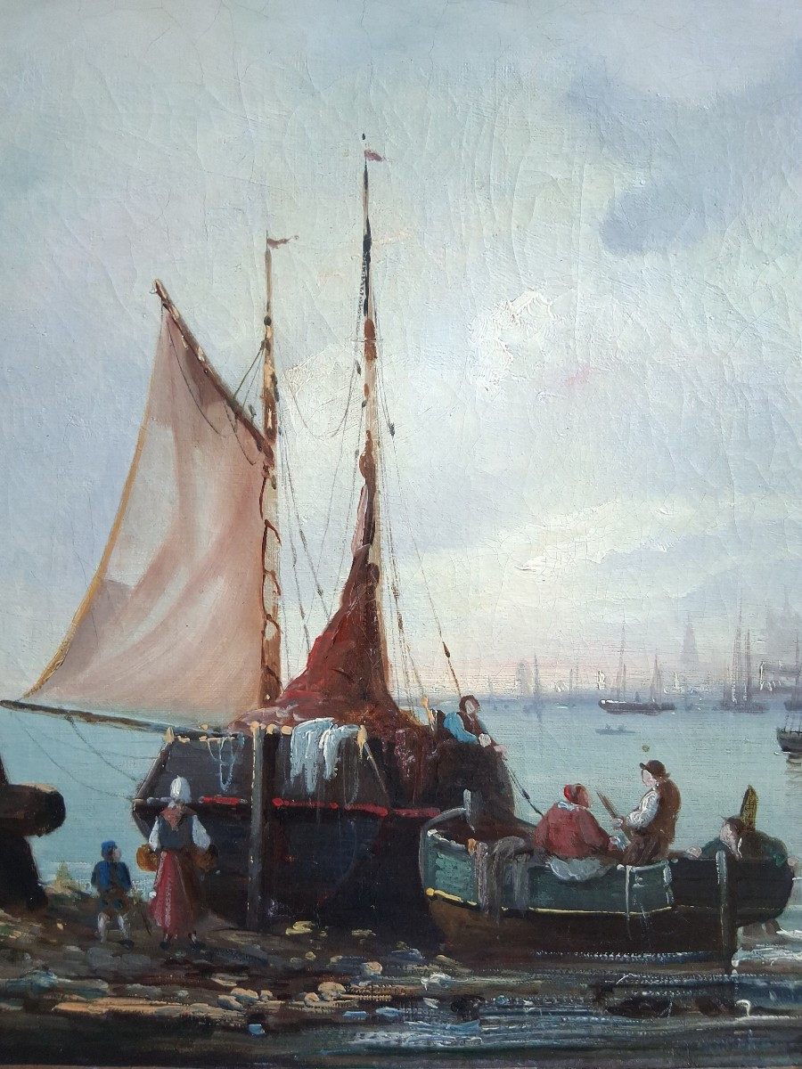 Huile sur toile marine retour de pêche port VAN HOLLEIN 19ème-photo-1