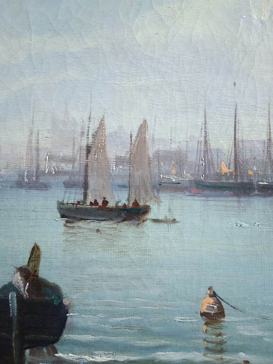 Huile sur toile marine retour de pêche port VAN HOLLEIN 19ème-photo-5