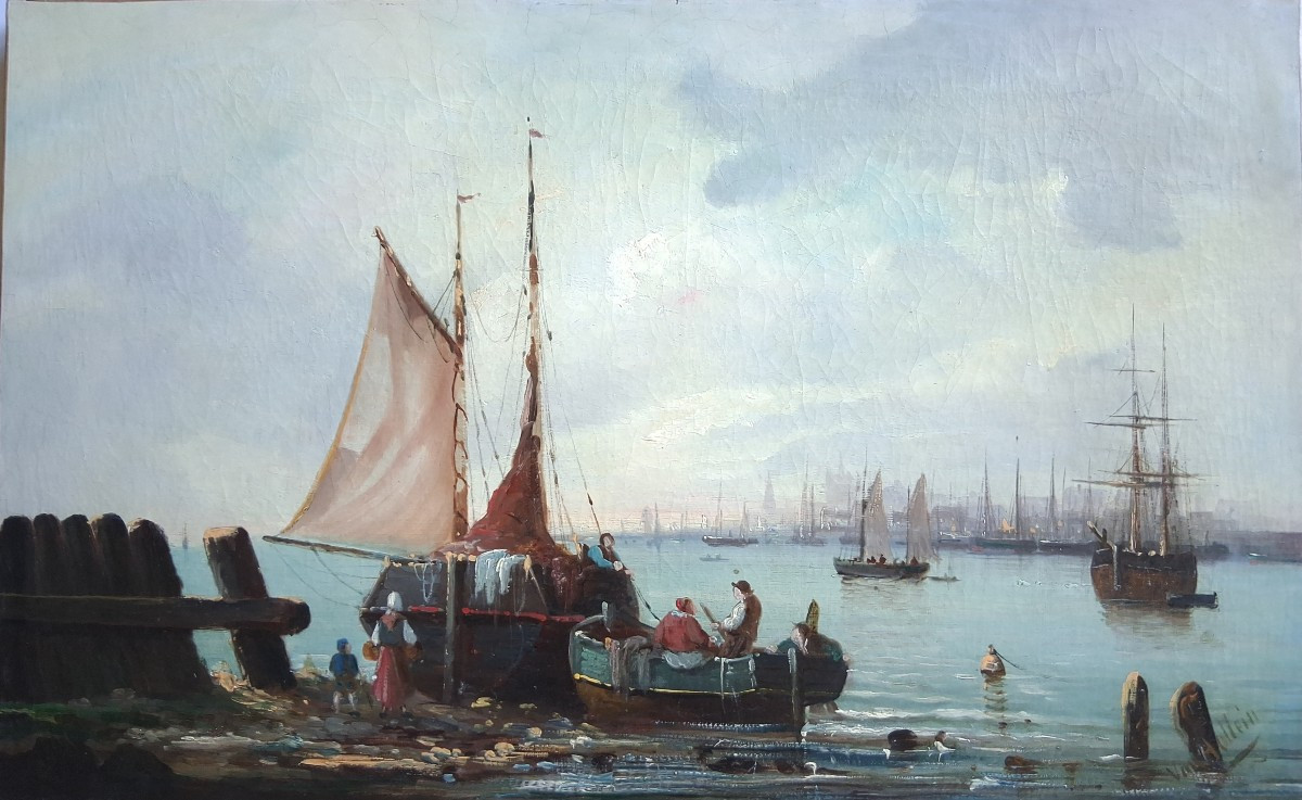 Huile sur toile marine retour de pêche port VAN HOLLEIN 19ème