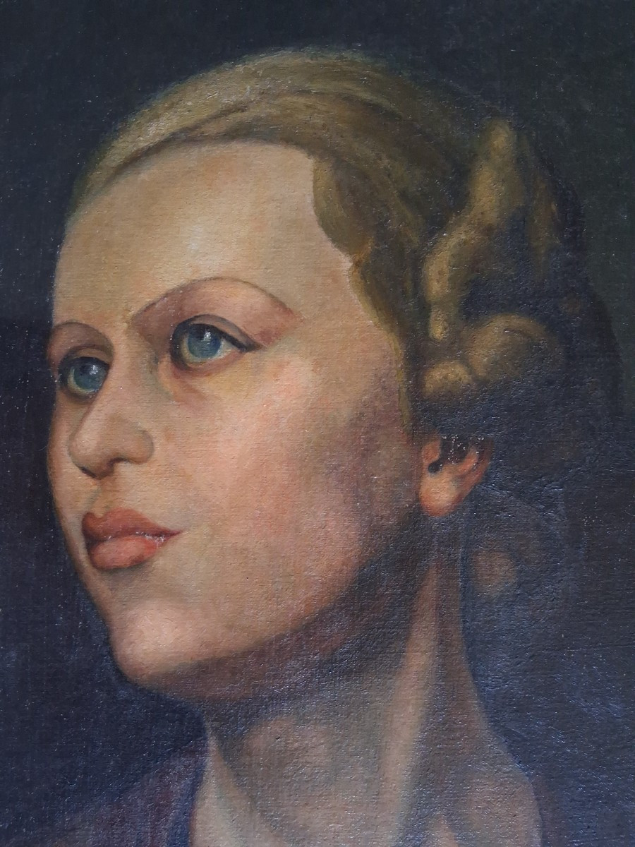 Huile sur toile portrait de jeune femme J. OLIVERIO 1941-photo-2