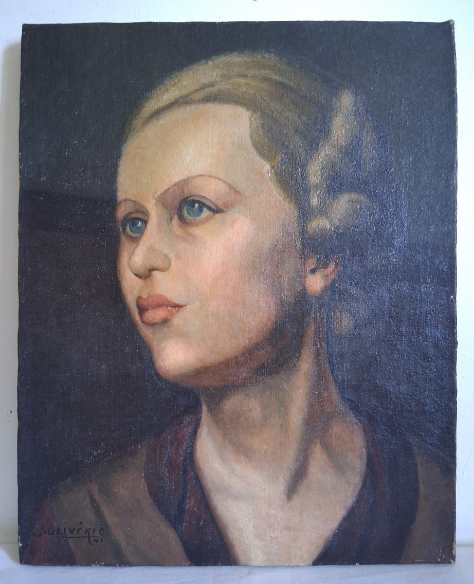 Huile sur toile portrait de jeune femme J. OLIVERIO 1941