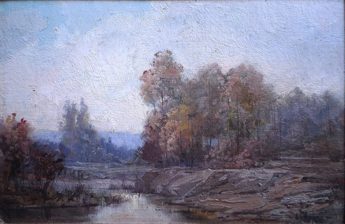 Louis Noël AGERON (1865-1935) huile sur panneau paysage lacustre-photo-2