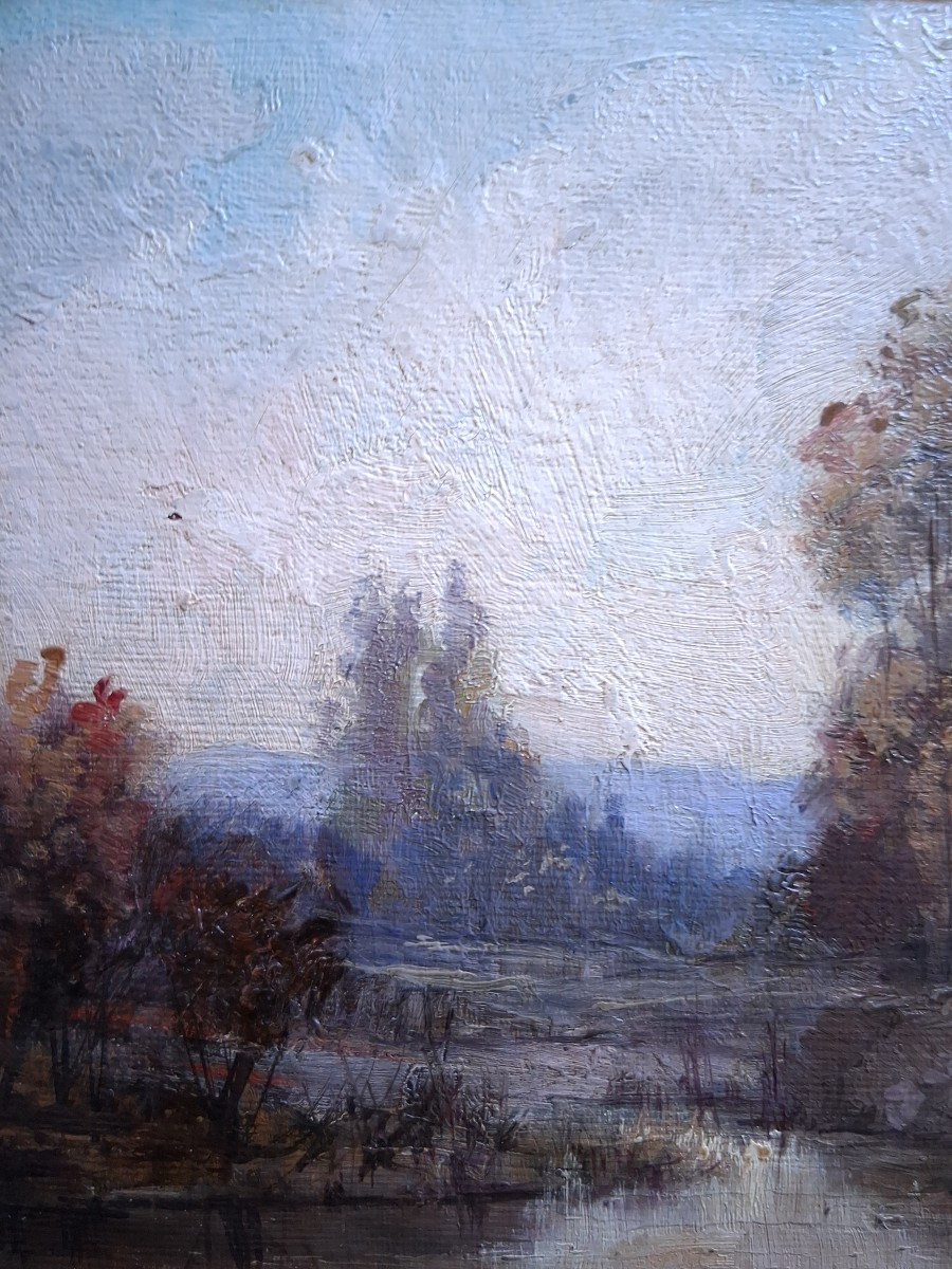 Louis Noël AGERON (1865-1935) huile sur panneau paysage lacustre-photo-3