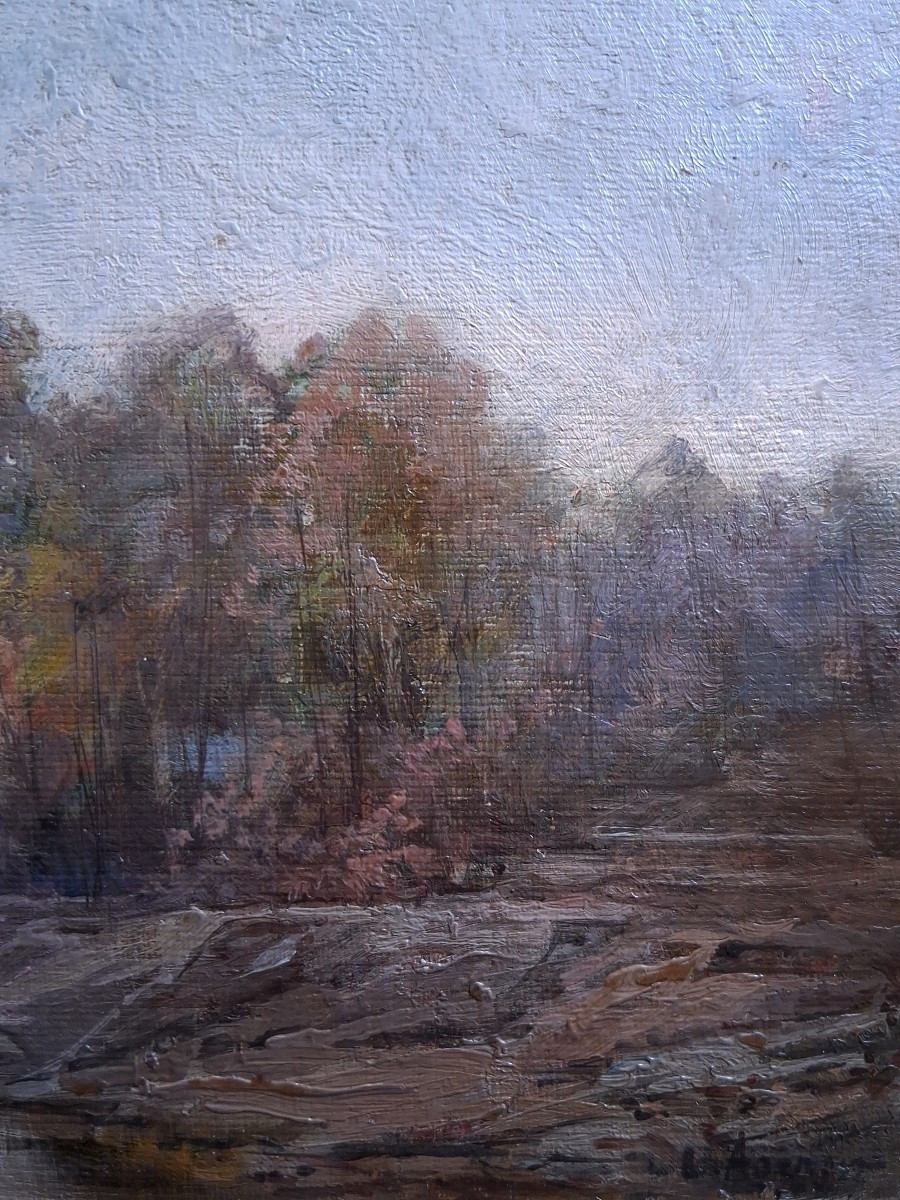 Louis Noël AGERON (1865-1935) huile sur panneau paysage lacustre-photo-1