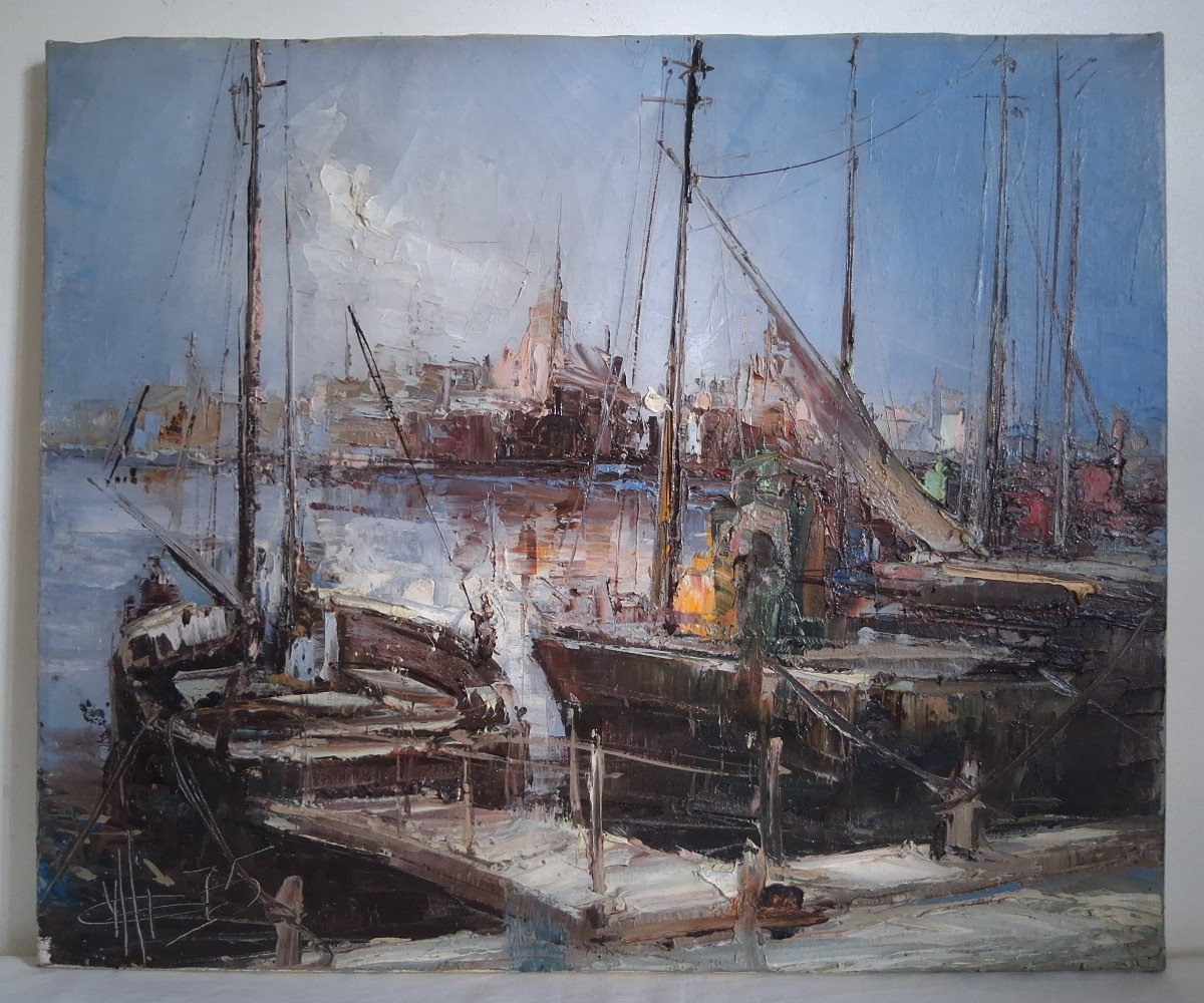 Oil On Canvas Marine Port Sailboats (signed)-photo-2