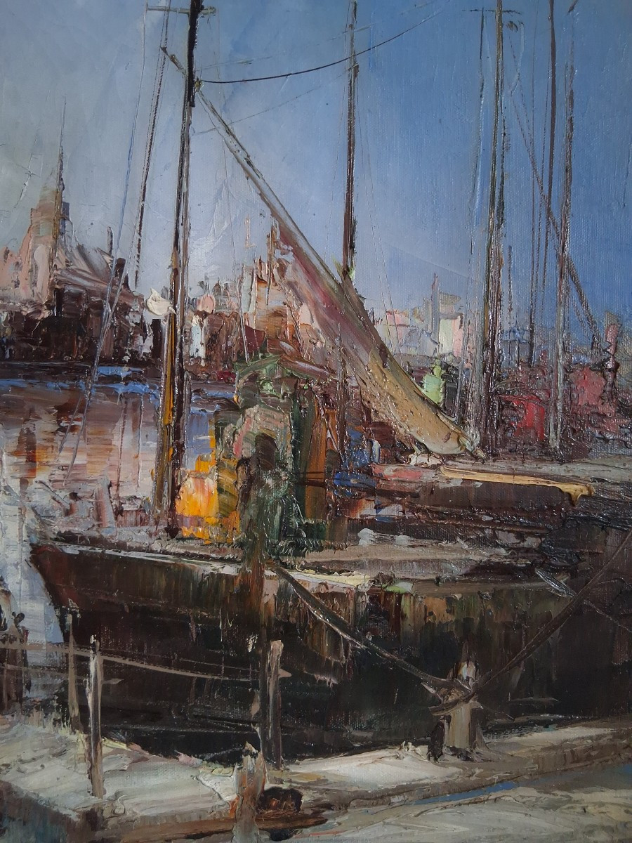 Oil On Canvas Marine Port Sailboats (signed)-photo-1