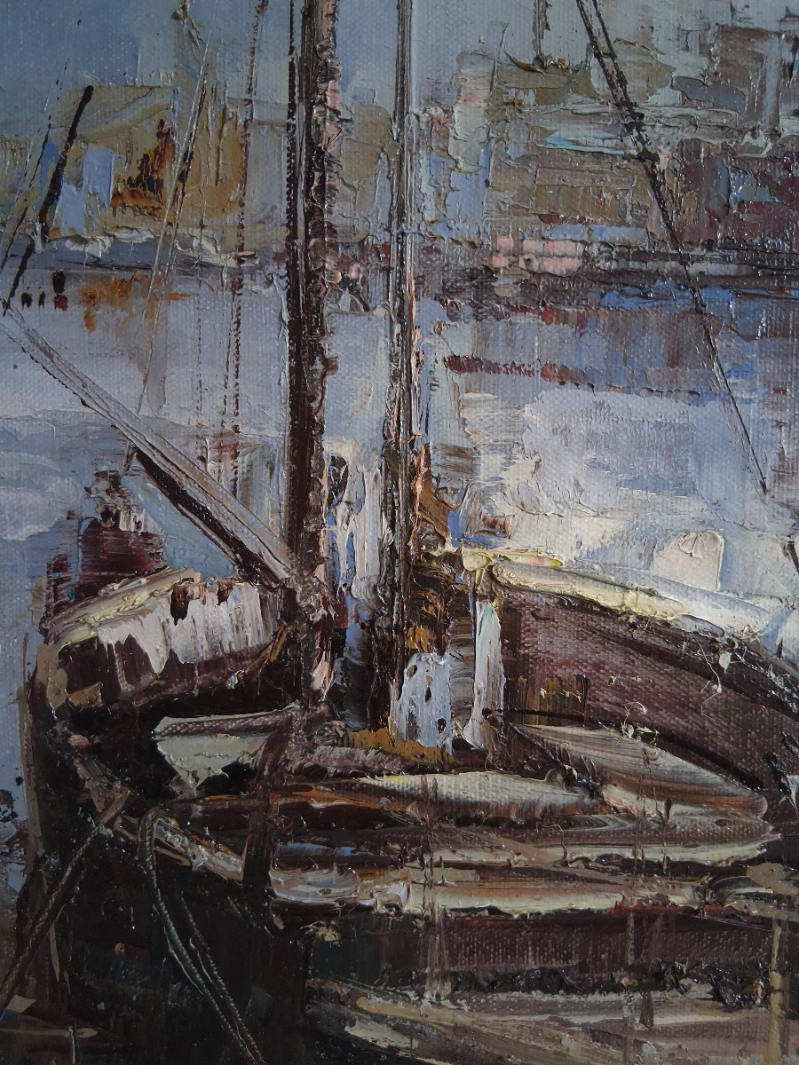 Oil On Canvas Marine Port Sailboats (signed)-photo-2