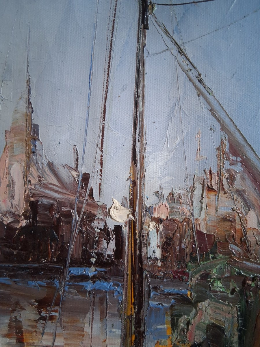 Oil On Canvas Marine Port Sailboats (signed)-photo-6