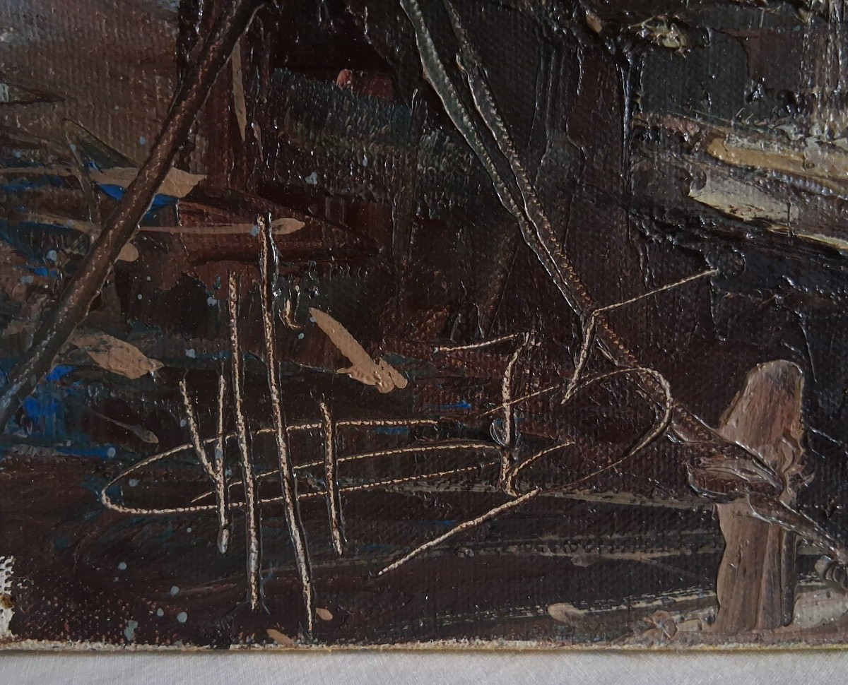 Oil On Canvas Marine Port Sailboats (signed)-photo-7