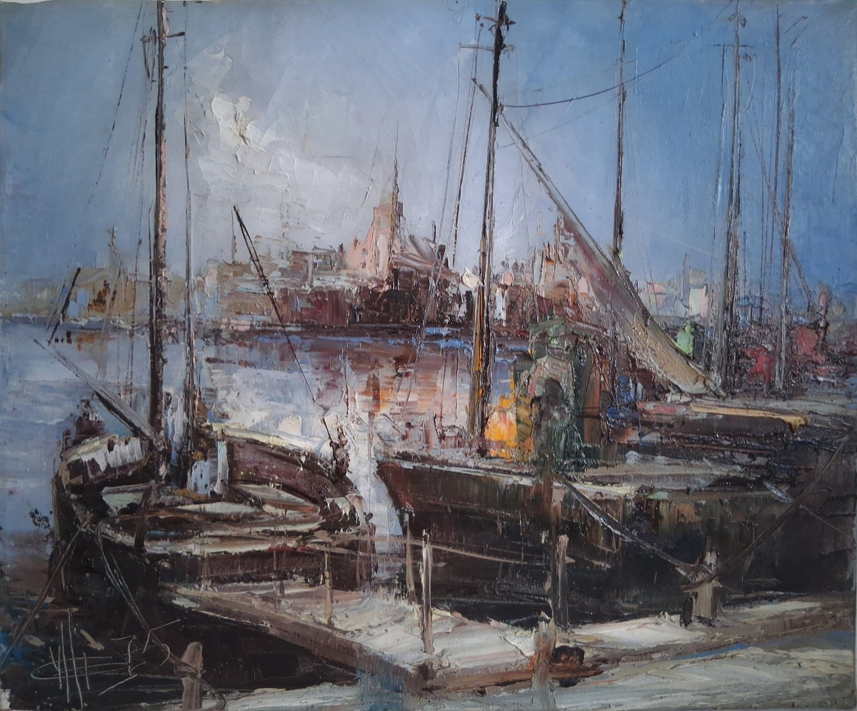 Oil On Canvas Marine Port Sailboats (signed)