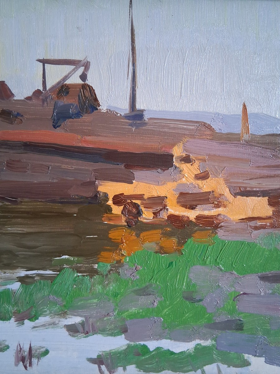 Yuly Nikolaevich YATCHENKO né en 1928 Ecole ukrainienne Bateau sur le Dniepr huile sur panneau-photo-4