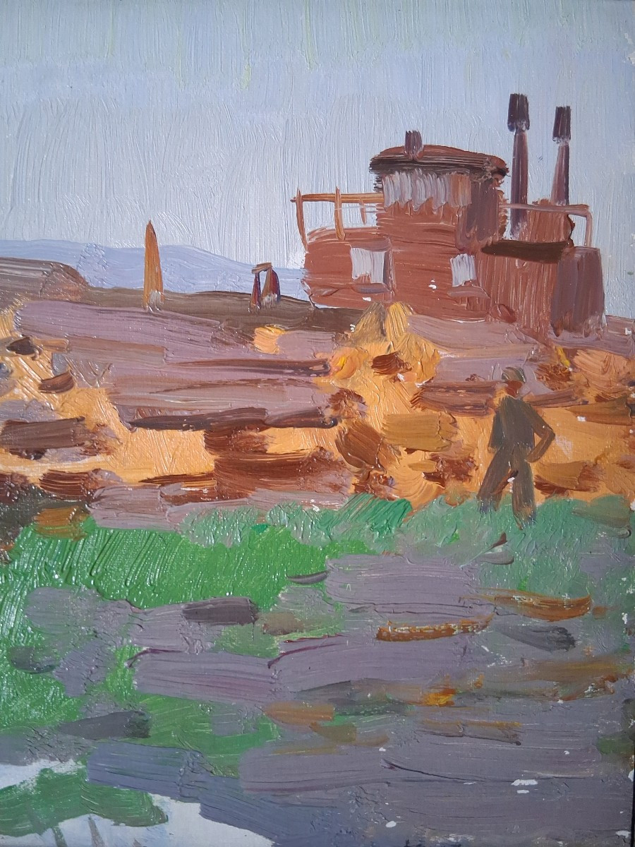 Yuly Nikolaevich YATCHENKO né en 1928 Ecole ukrainienne Bateau sur le Dniepr huile sur panneau-photo-1