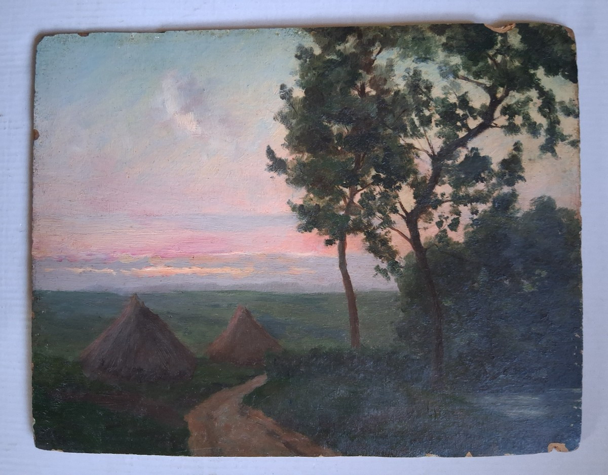Camille Adrien Paris (1934-1901) Oil On Panel Landscape At Dusk 19th Century-photo-2
