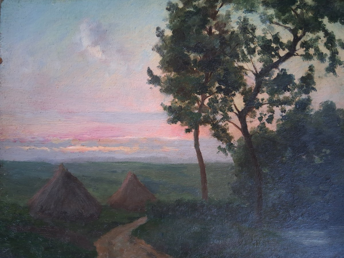 Camille Adrien Paris (1934-1901) Oil On Panel Landscape At Dusk 19th Century