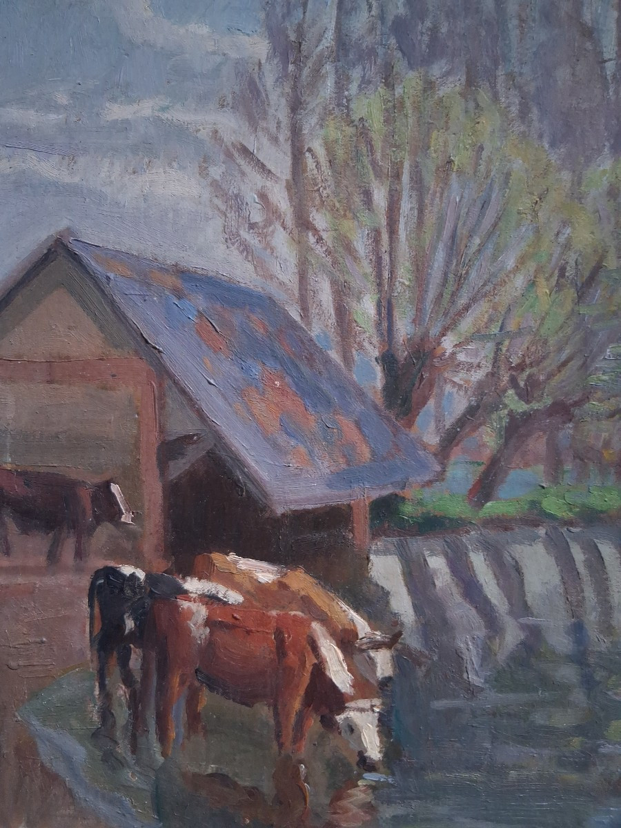 Jean FERNAND-TROCHAIN (1879-1969) Vaches s'abreuvant à la rivière huile sur panneau-photo-3