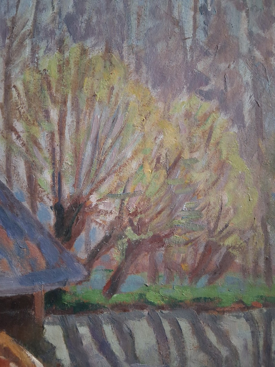 Jean FERNAND-TROCHAIN (1879-1969) Vaches s'abreuvant à la rivière huile sur panneau-photo-4