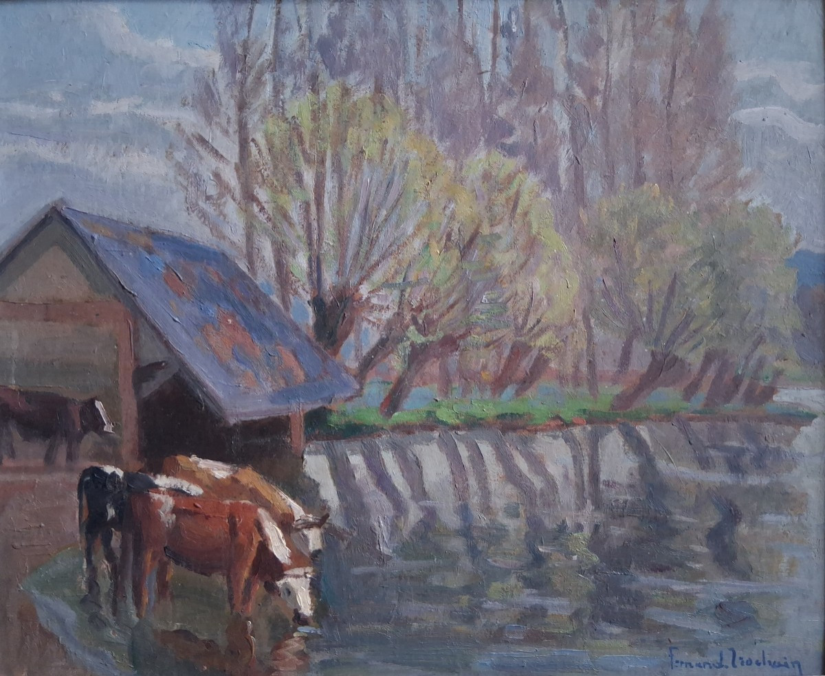 Jean FERNAND-TROCHAIN (1879-1969) Vaches s'abreuvant à la rivière huile sur panneau