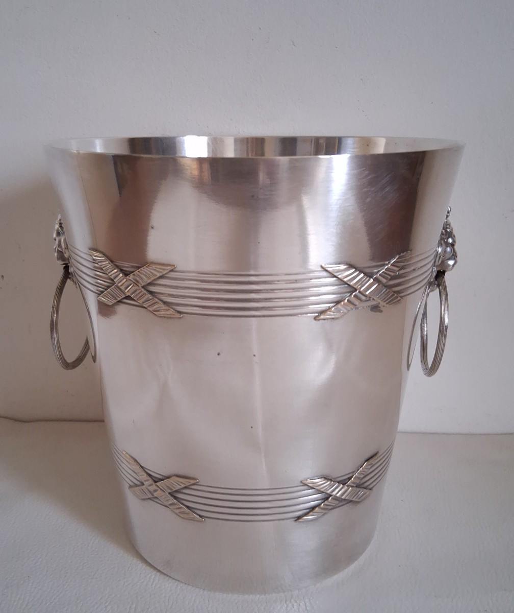 Seau à champagne en métal argenté décor têtes de lion-photo-2