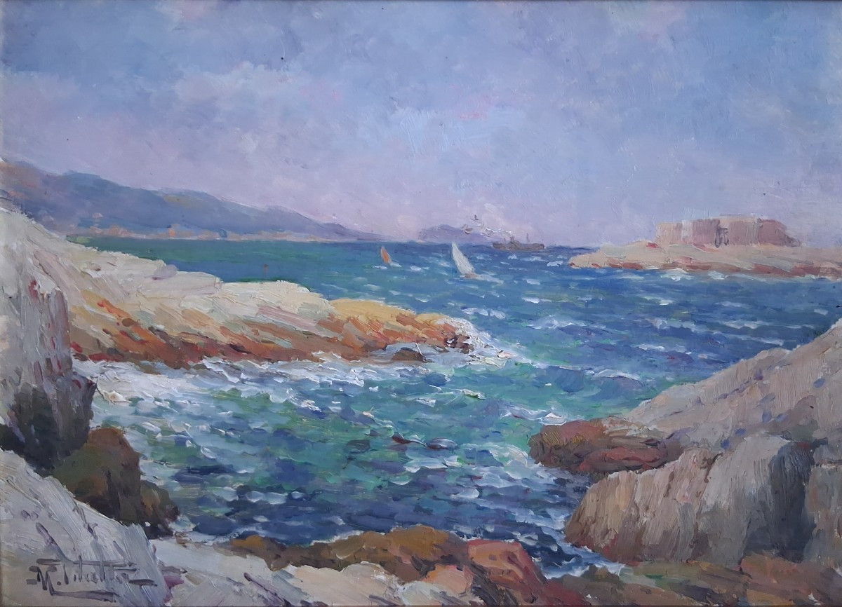 Michel Vilalta (1871-1942) Mediterranean Landscape Ile Degaby Marseille Oil On Wood Seascap-photo-2