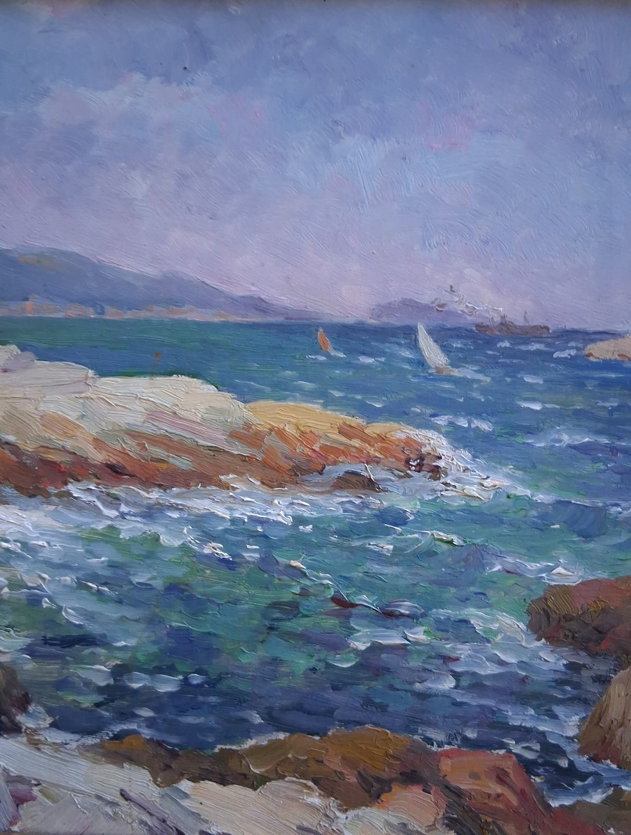 Michel Vilalta (1871-1942) Mediterranean Landscape Ile Degaby Marseille Oil On Wood Seascap-photo-4