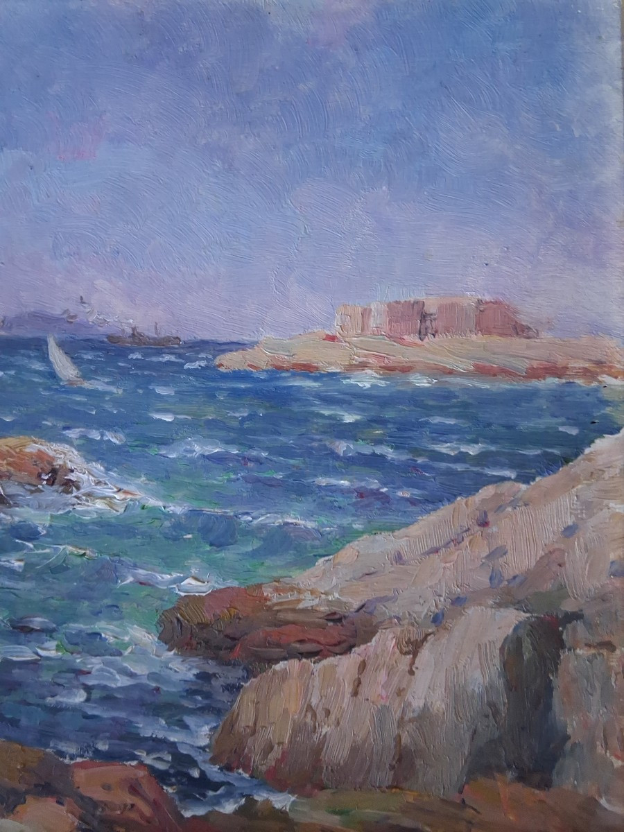 Michel Vilalta (1871-1942) Mediterranean Landscape Ile Degaby Marseille Oil On Wood Seascap-photo-1