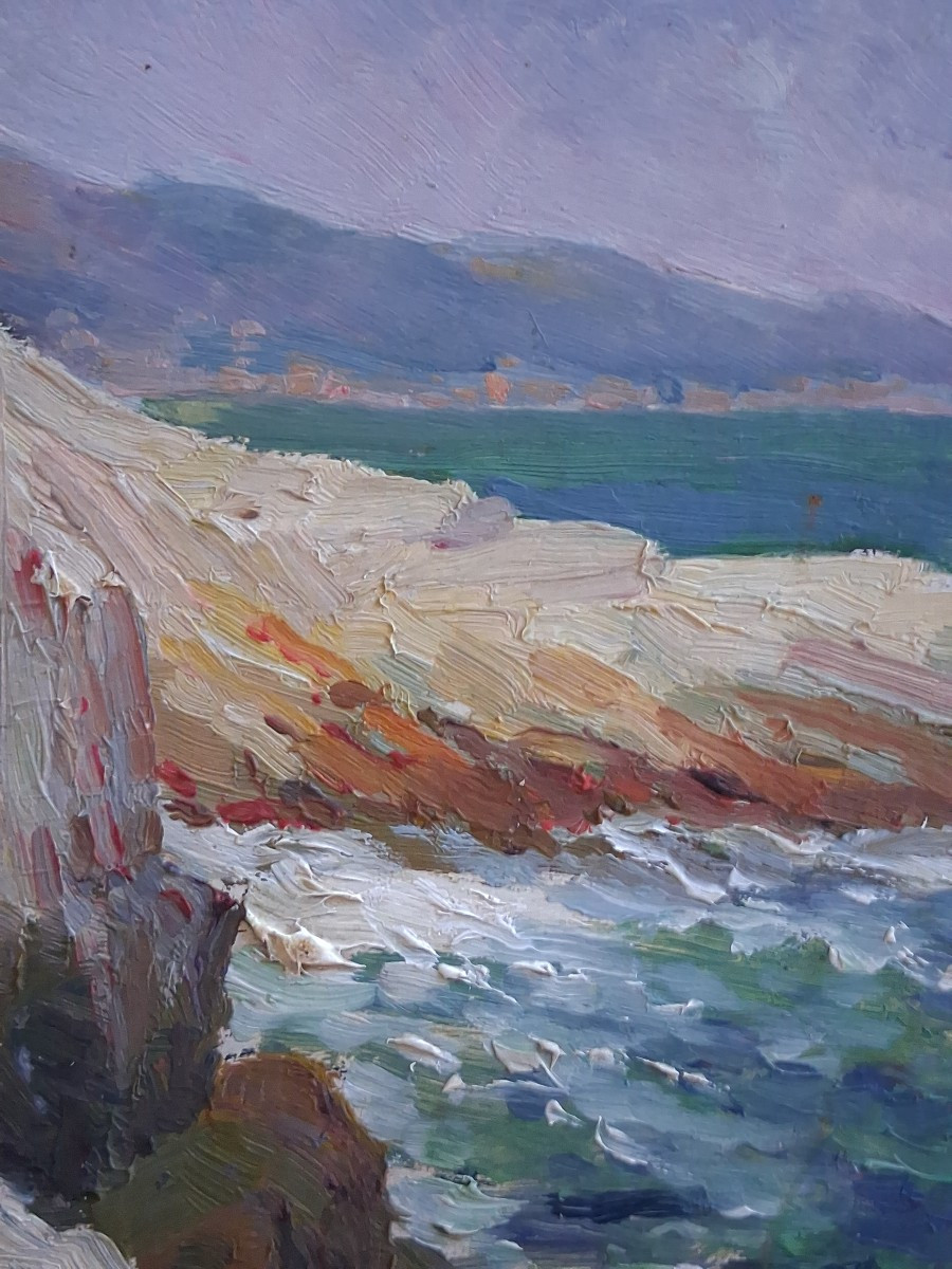 Michel Vilalta (1871-1942) Mediterranean Landscape Ile Degaby Marseille Oil On Wood Seascap-photo-2