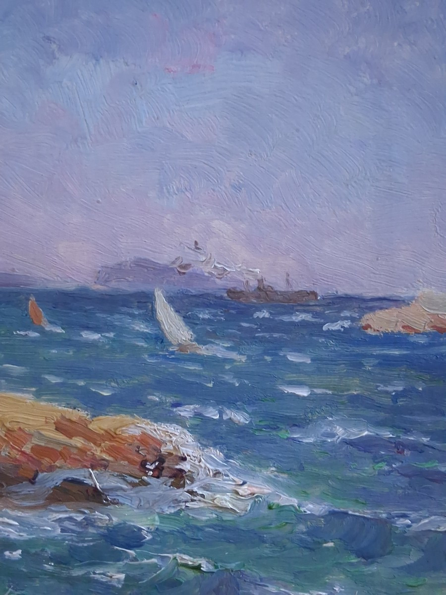 Michel Vilalta (1871-1942) Mediterranean Landscape Ile Degaby Marseille Oil On Wood Seascap-photo-4