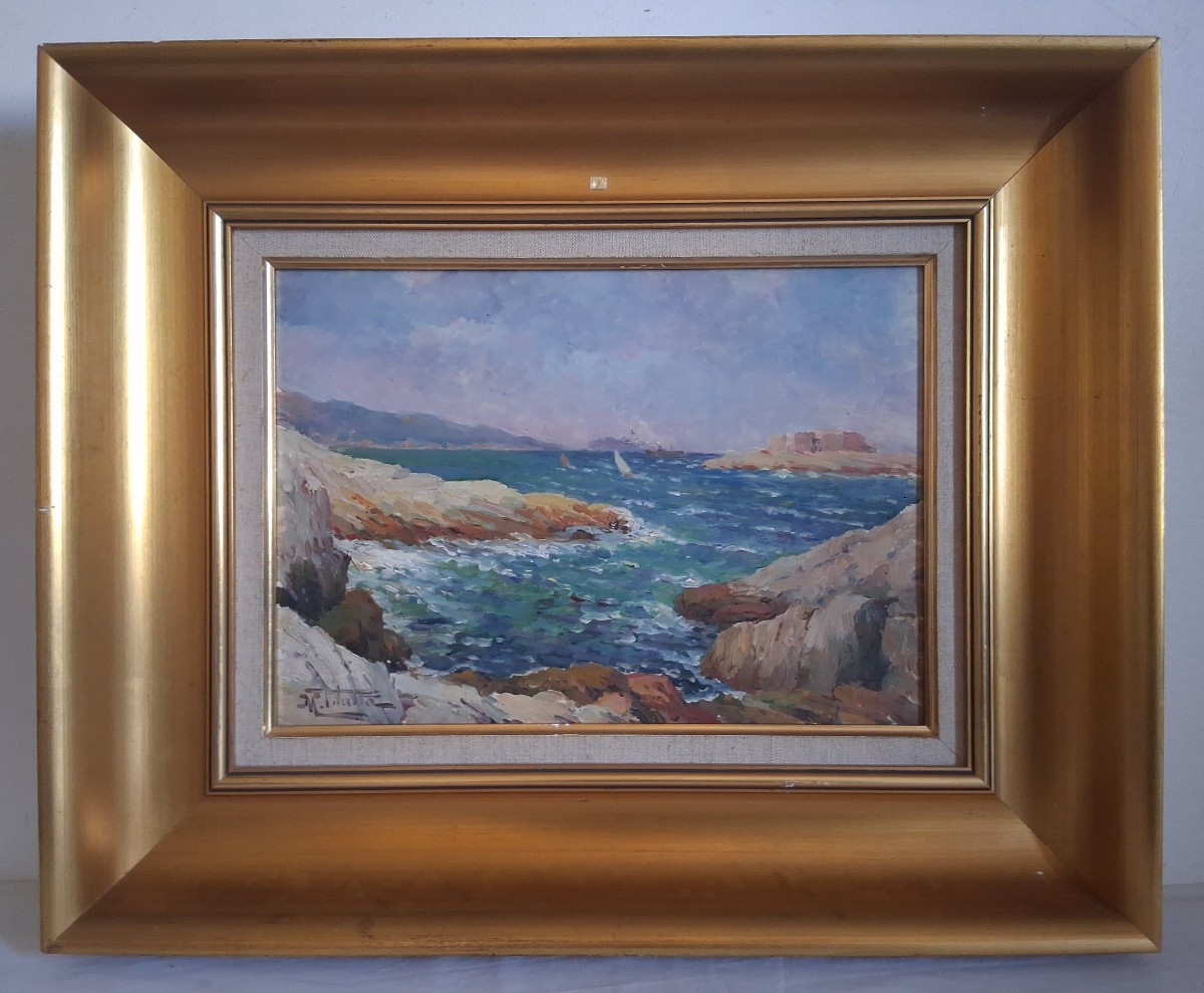 Michel Vilalta (1871-1942) Mediterranean Landscape Ile Degaby Marseille Oil On Wood Seascap