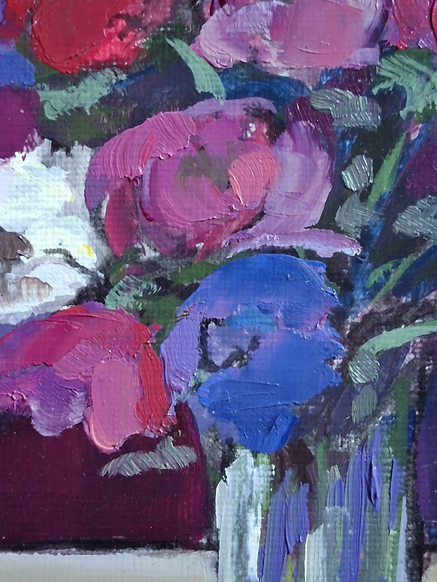 André Gambut (1932-2024) Oil On Canvas Still Life Bouquet Of Flowers-photo-4