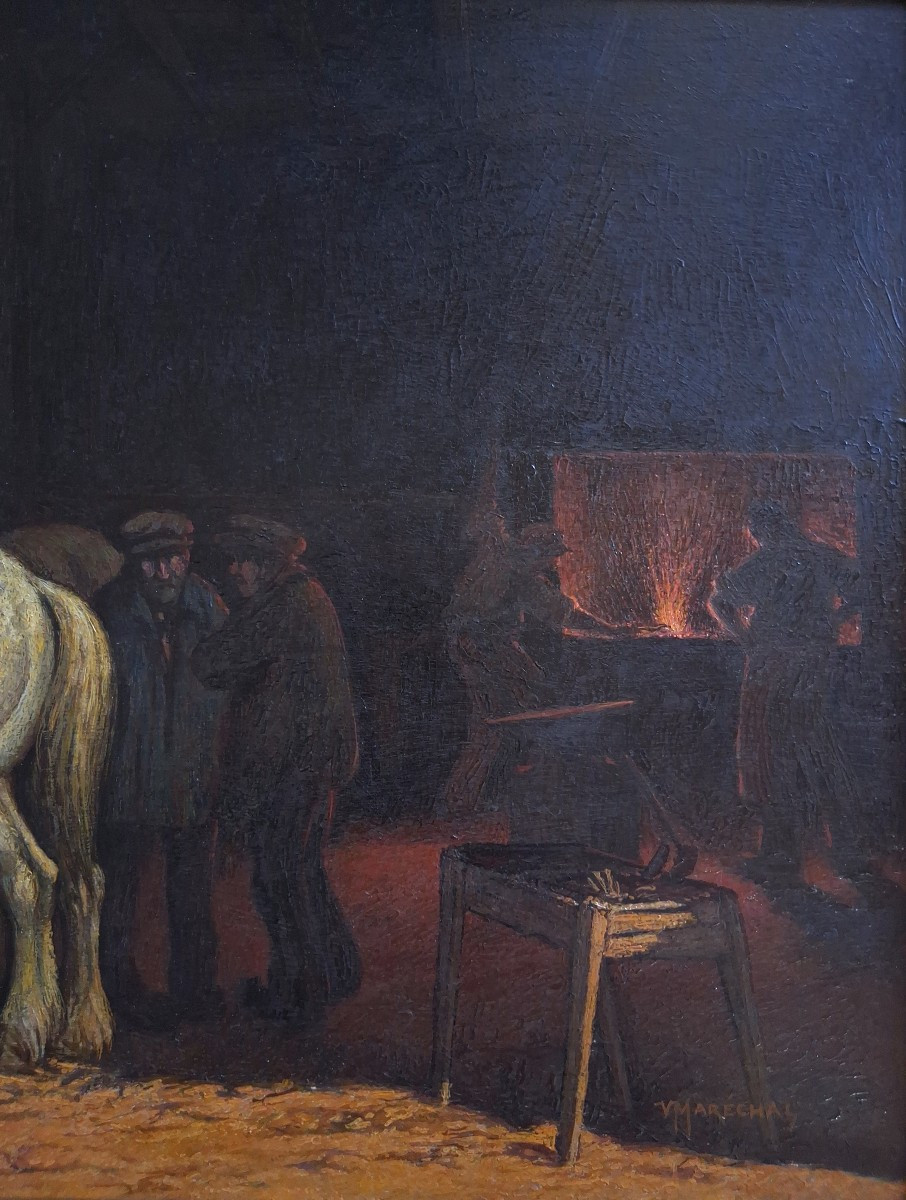 Victor Marechal (born In 1879) Farrier's Workshop, Horses, Oil On Wood-photo-1