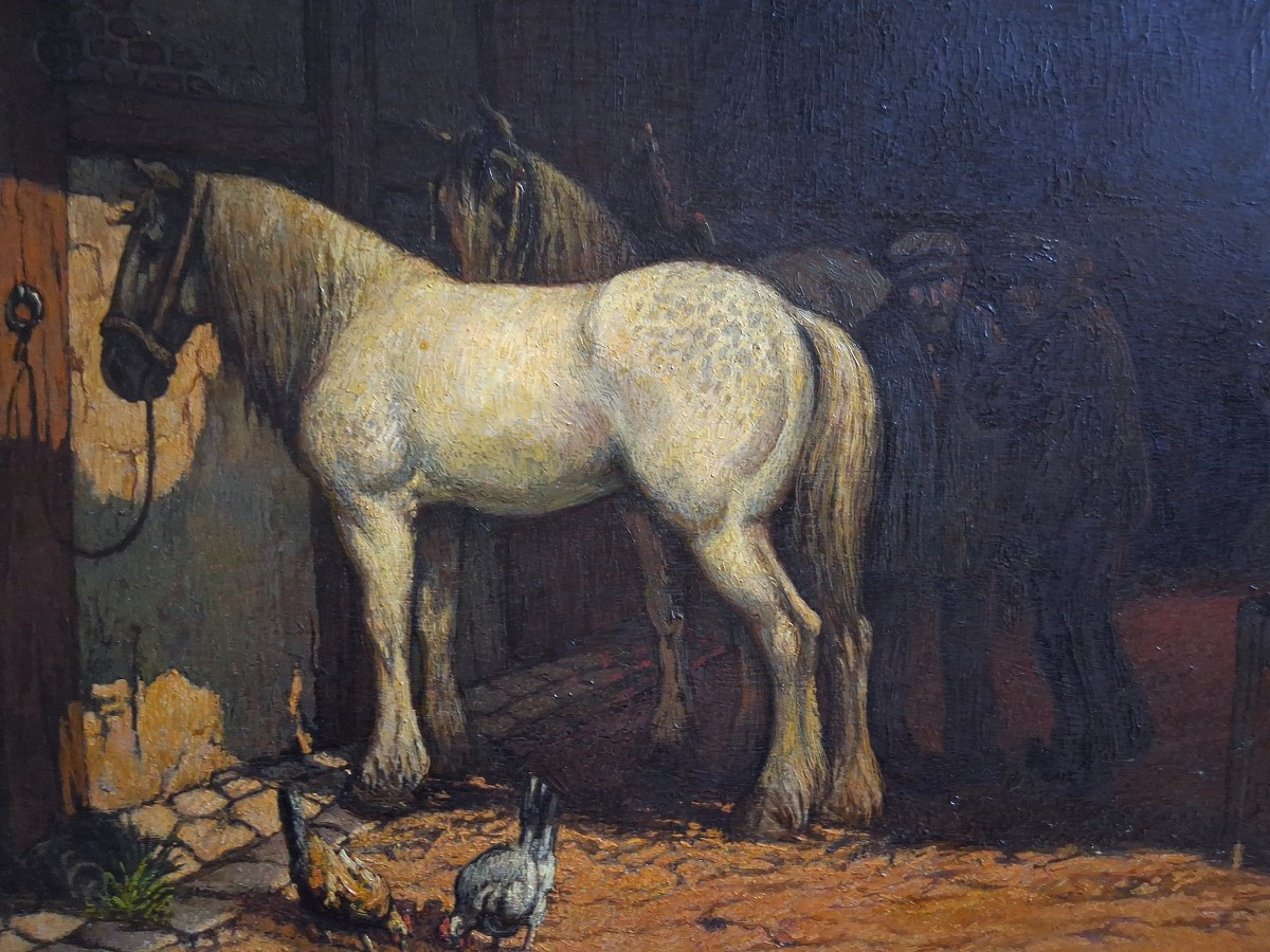 Victor Marechal (born In 1879) Farrier's Workshop, Horses, Oil On Wood-photo-2