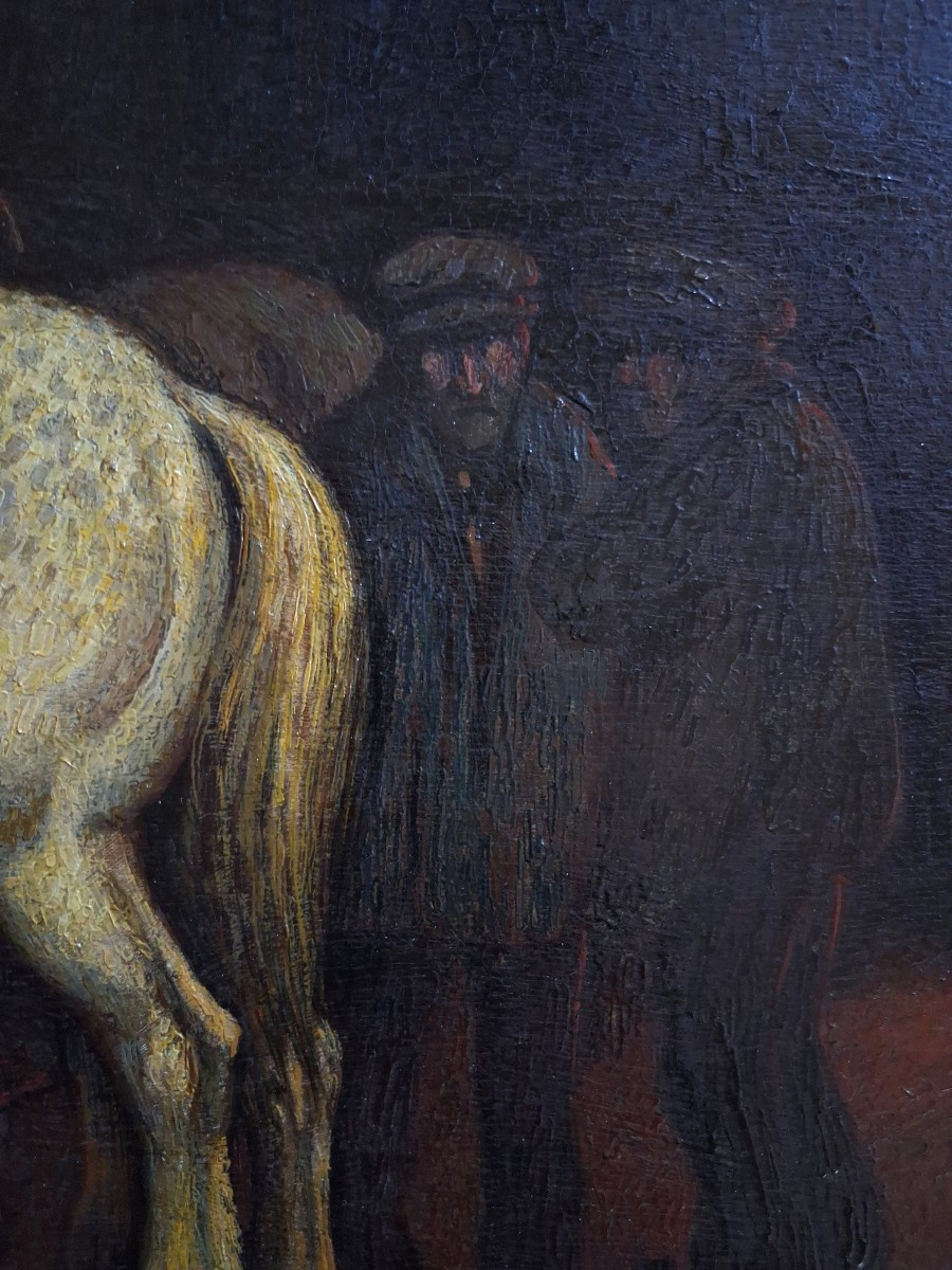Victor Marechal (born In 1879) Farrier's Workshop, Horses, Oil On Wood-photo-5