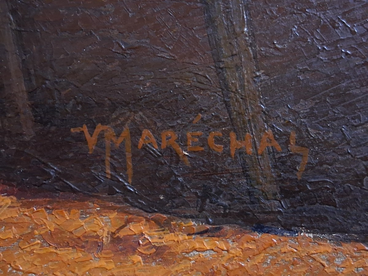 Victor Marechal (born In 1879) Farrier's Workshop, Horses, Oil On Wood-photo-7